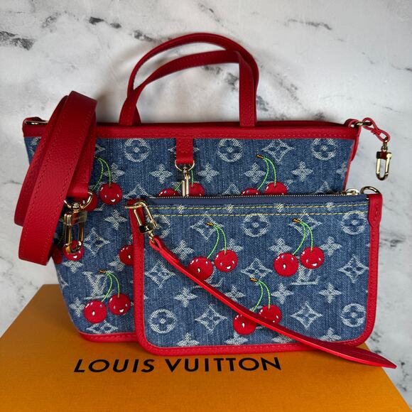 Louis Vuitton Denim Cherry Neverfull Inside Out BB LV x TM Murakami 2025 New - Picture 15 of 16